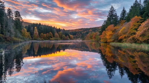 Autumn sunrise with pastel skies over a tranquil lake and forest. #831136966