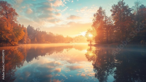 Autumn sunrise with pastel skies over a tranquil lake and forest.