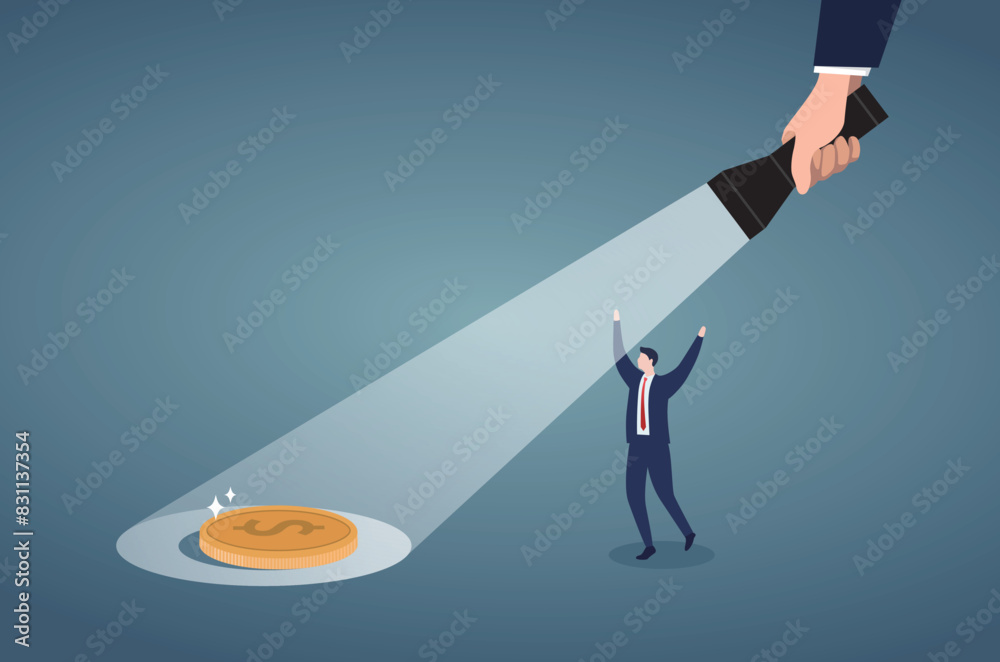Searching for investment opportunity, financial success or salary raise, inspect way to make profit and earning concept, giant hand holding a flashlight helping businessman finding coins. Searching for investment opportunity, financial success or salary raise, inspect way to make profit and earning concept, giant hand holding a flashlight helping businessman finding coins.