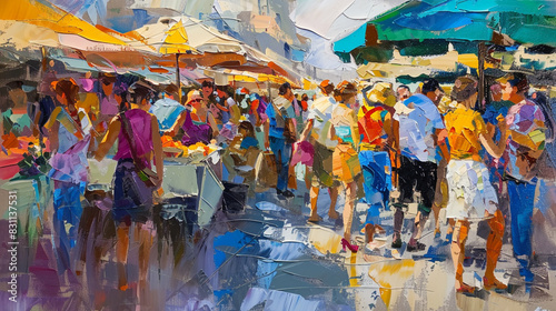 Summer market scene depicted in an impressionistic style, vibrant with human activity, © Kanju