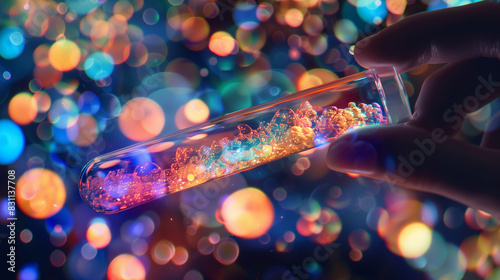 Hand holding a test tube with glowing crystals and colorful bokeh background photo