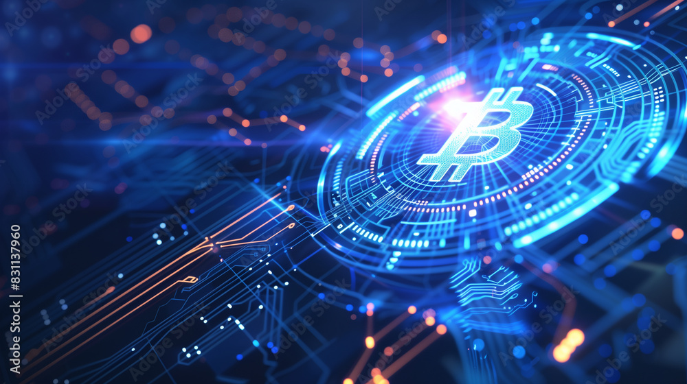 Glowing Bitcoin symbol on a futuristic digital circuit board