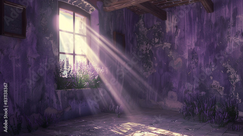 Lavender grunge room with a nostalgic aura, lit by soft sun rays, photo