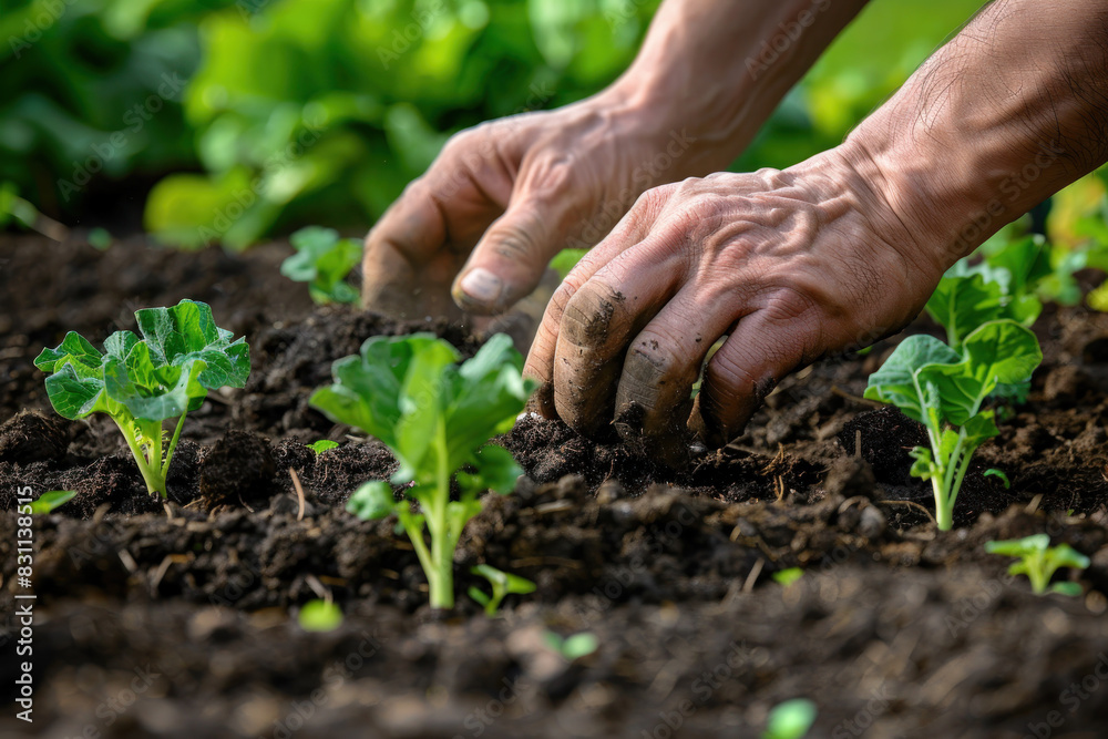 gardener's hands tending to vegetable plants in a garden gardener's hands tending to vegetable plants in a garden