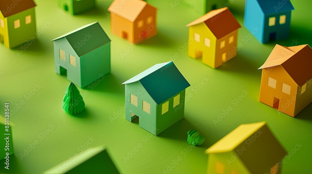 Colorful Paper Houses on Green Background Colorful Paper Houses on Green Background