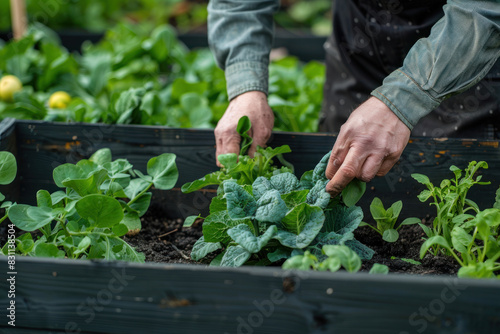 gardener's hands tending to vegetable plants in a garden