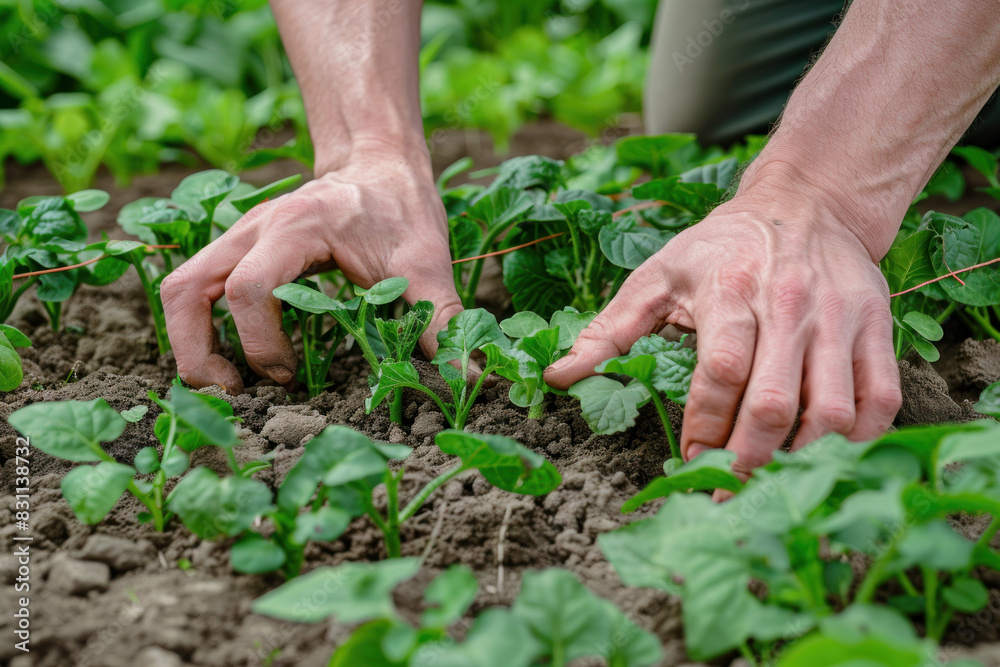 gardener's hands tending to vegetable plants in a garden gardener's hands tending to vegetable plants in a garden