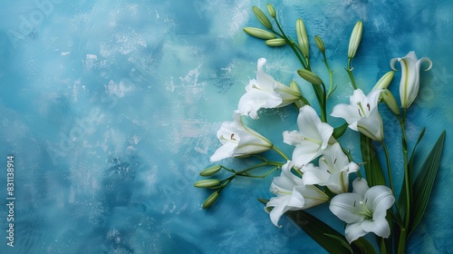 elegant lily of the valles bouquet on a textured blue background, copy and text space, 16:9