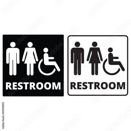 Cartel de cuarto de baño con icono de personas y silla de rueda. Vector