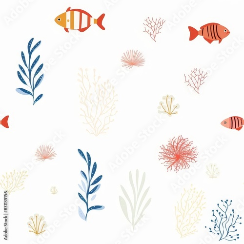 Sea life pattern with fish  coral  and seaweed.