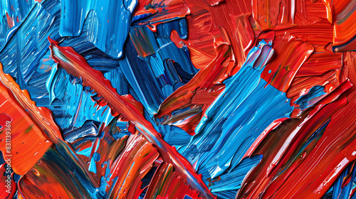 Abstract oil painting closeup in vivid red and cool blue, highlighting textured brushstrokes,
