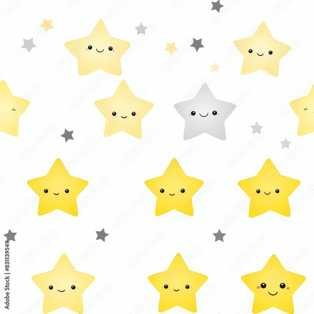 Naklejka premium Cute seamless pattern with yellow and grey stars with faces on white background