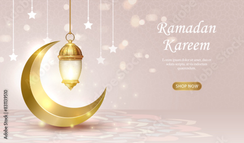 3D Islamic lamp and crescent moon with star decoration. suitable for Ramadan, Raya Hari, Eid al Adha Islamic holiday photo