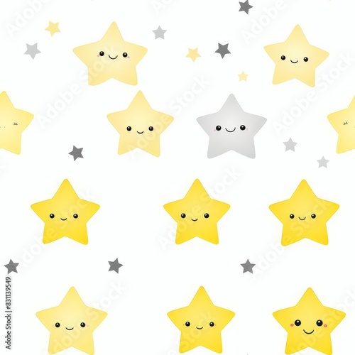Cute seamless pattern with yellow and grey stars with faces on white background