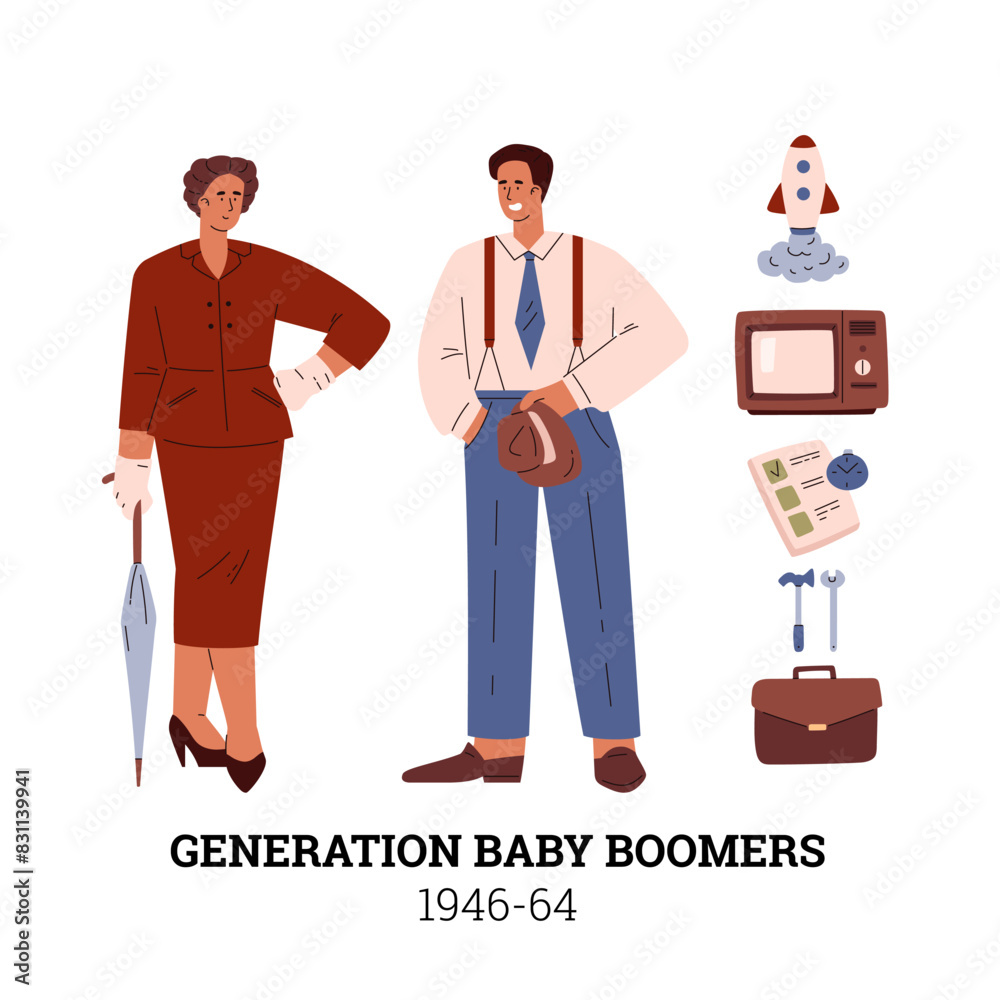Illustration of the 1946-64 generation. The era of baby boomers. Illustration of the 1946-64 generation. The era of baby boomers.
