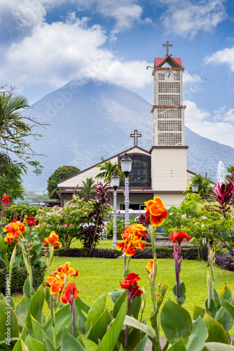 Church of La Fortuna de San Carlos park and flowers in Costa Rica Central America