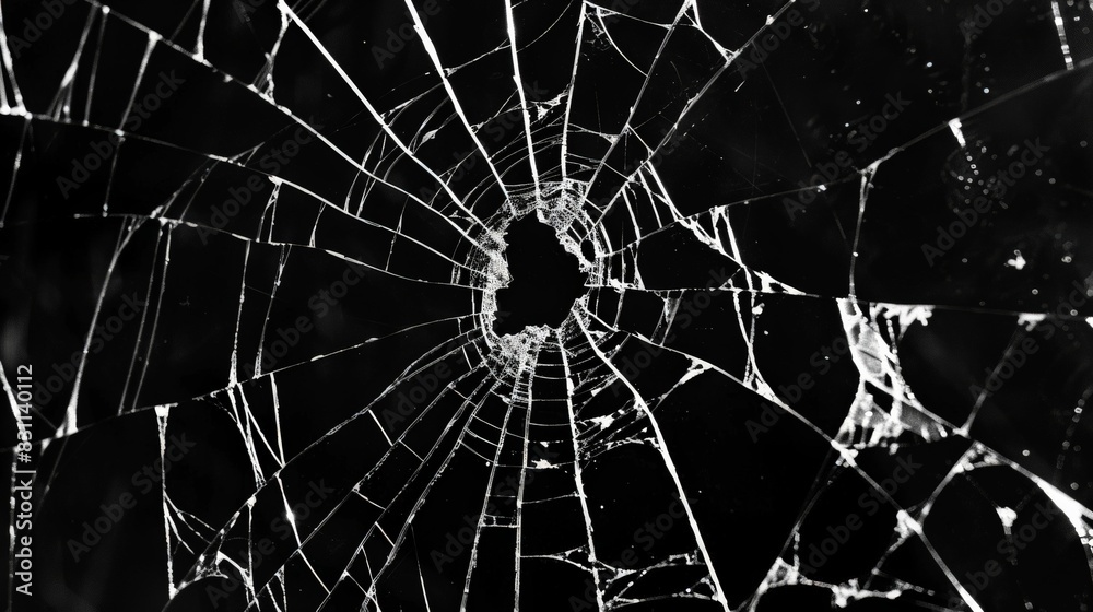Obraz premium Abstract pattern of spider-web cracks emanating from a central hole in a pane of glass, showcased against a deep black backdrop