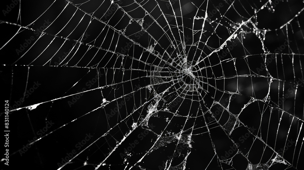 Naklejka premium Abstract pattern of spider-web cracks emanating from a central hole in a pane of glass, showcased against a deep black backdrop