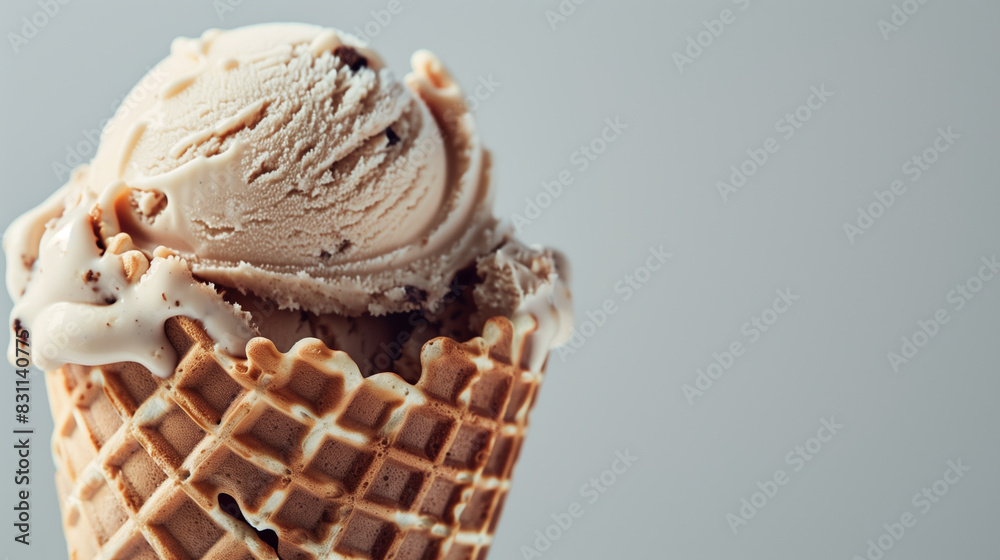 Close-up of a melting scoop of vanilla chocolate chip ice cream in a waffle cone on a light background Close-up of a melting scoop of vanilla chocolate chip ice cream in a waffle cone on a light background