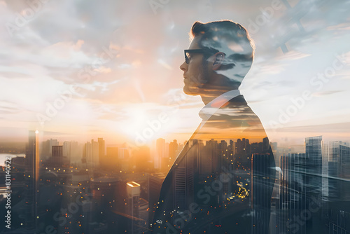 confident financial advisor in suit, looking at urban skyline. double exposure, financial district background. space for your investment message. wide, sunset glow. generative ai photo