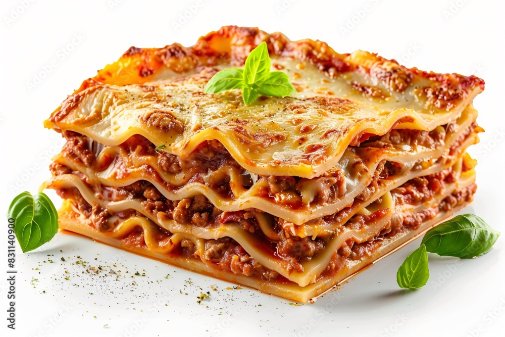 Close-up stack lasagna cheese basil Close-up stack lasagna cheese basil