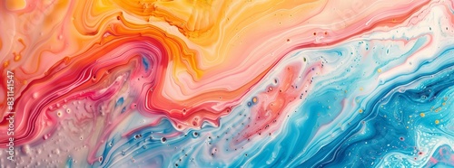 Abstract background with colorful liquid marble texture, wavy pattern. Beautiful soft color waves in pink orange blue