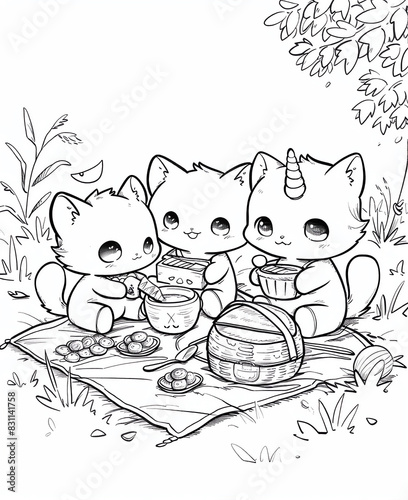 Cute cats unicorns on family picnic. Coloring book page.