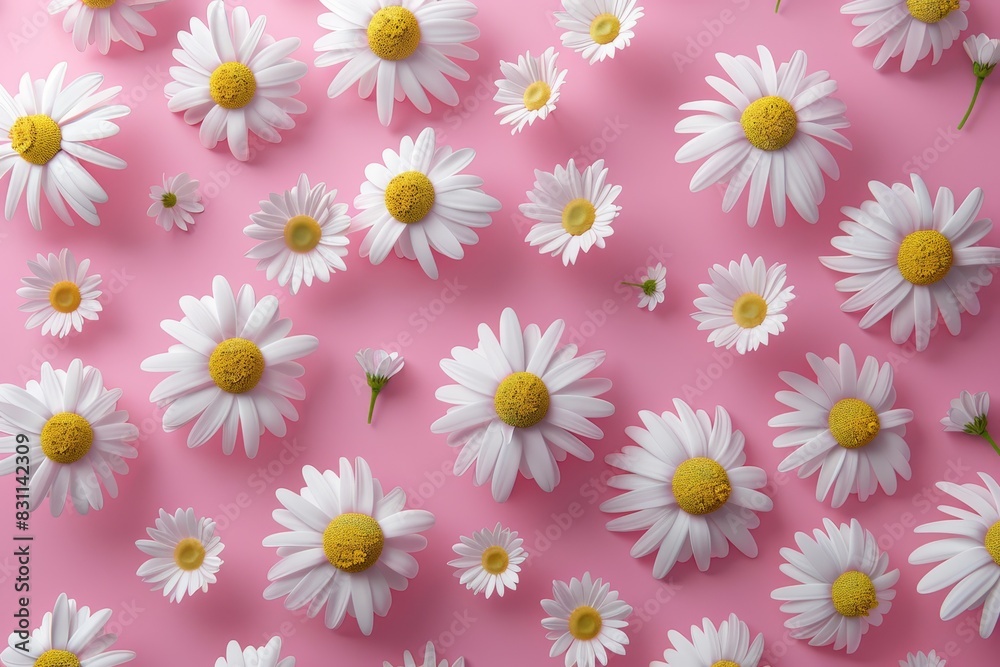 White daisies pattern top view flat lay. Collection of white daisies contrast beautifully against a soft pink background, creating a visually striking image. Femininity fertility innocence chastity White daisies pattern top view flat lay. Collection of white daisies contrast beautifully against a soft pink background, creating a visually striking image. Femininity fertility innocence chastity