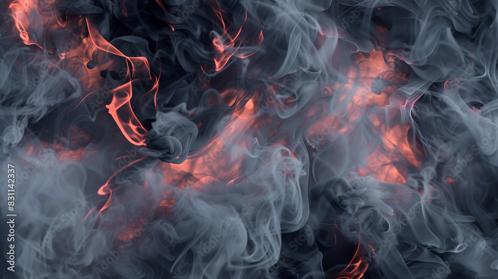 Fototapeta premium Neon coral highlights cut through dark grey smoke for a contemporary concert look,