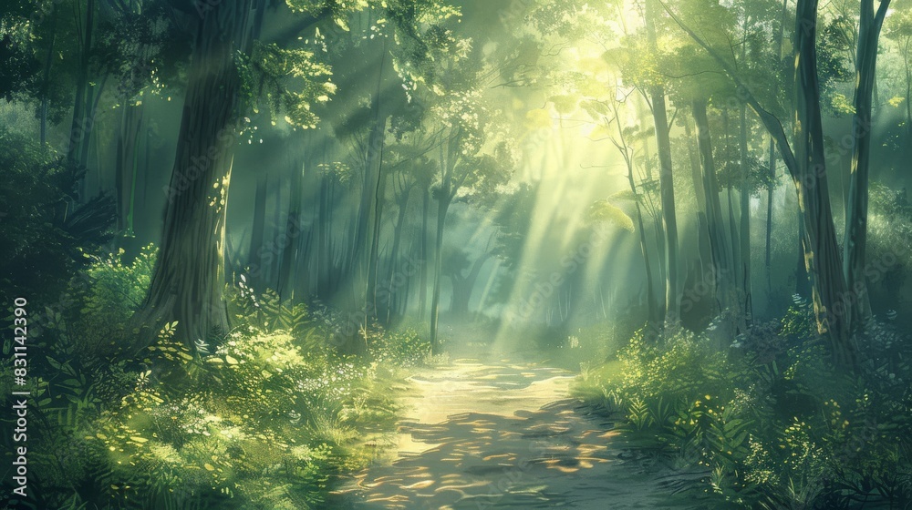 Soft pastel background of a tranquil forest path with sunlight filtering through.