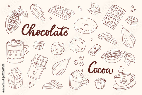 Chocolate and cocoa hand drawn doodles, cartoon elements collection for prints, cards, posters, banners, product decor, etc. EPS 10