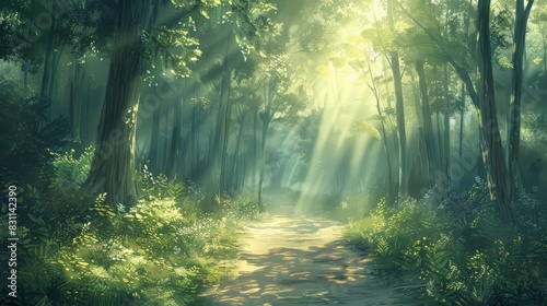 Soft pastel background of a tranquil forest path with sunlight filtering through.