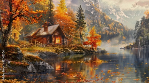 Pastel autumn scene with a cozy cabin by a lake surrounded by fall foliage.