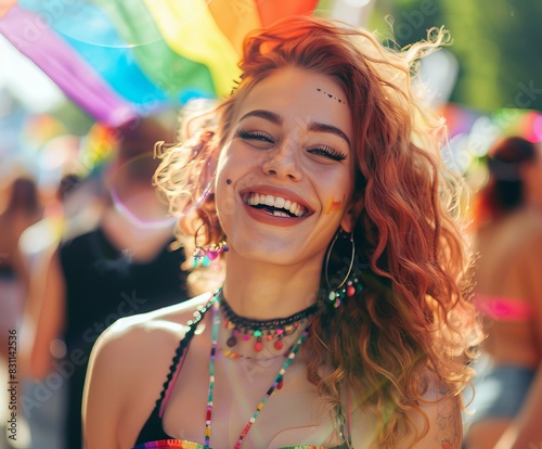 Laughing happy Beautiful attractive sexy young woman having fun at a pride festival