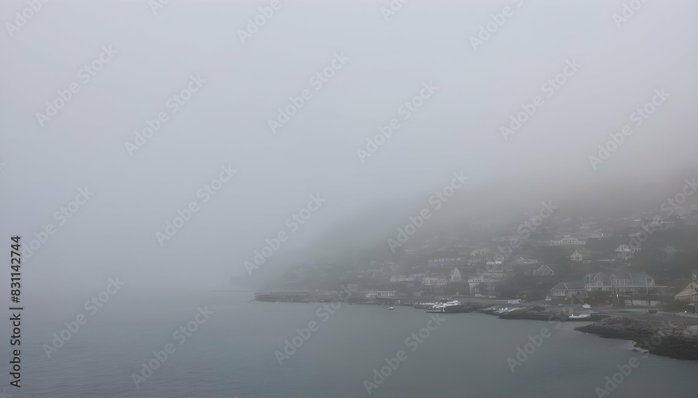 Fog rolling in over a coastal town shrouding the