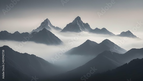 The soft embrace of mist enveloping the peaks of a upscaled 14