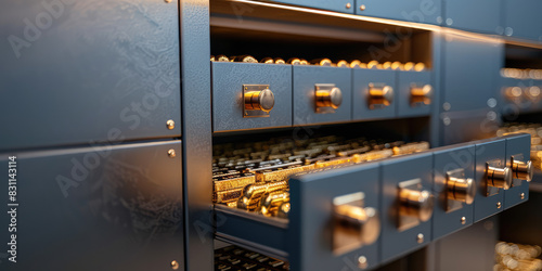 Open bank safe deposit lockers with golden ingots rows inside. 