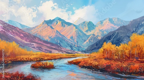 Scenic autumn view with pastel mountains and a river winding through.