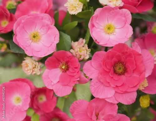 The image is a photograph of a path in a forest. The path is covered in fallen leaves and there are trees on either side of the path. The trees are in full bloom and there are pink flowers on the grou