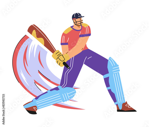 Batsman playing cricket, vector cartoon championship sport game, cricket player in uniform with bat, movement lines