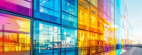 Colorful modern building facade with colorful glass panels, reflection in the water surface of pool, blue sky and city background. Colorful architecture concept. photo