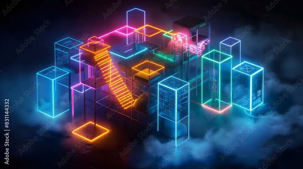 Fototapeta premium Futuristic neon city with glowing staircases and cubes