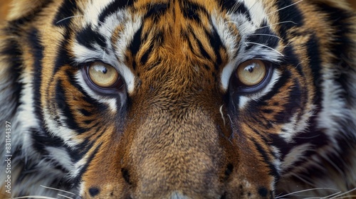 Vivid close-up of an Amur tiger s face  highlighting the intricate details of its whiskers and intense eyes in natural light