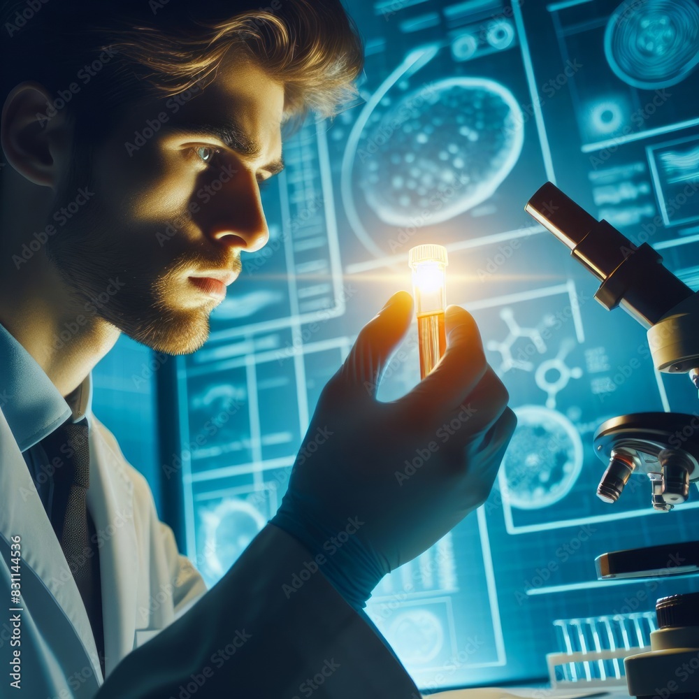 Male scientist conducting laboratory experiment with test tubes in ...