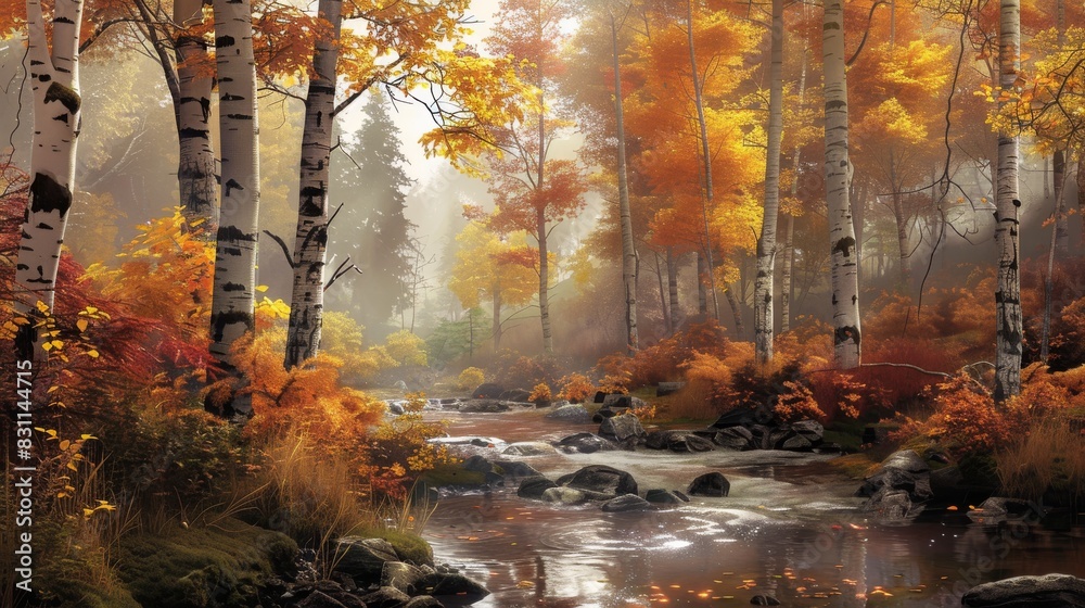 Autumn forest with pastel tones and a clear stream flowing through.