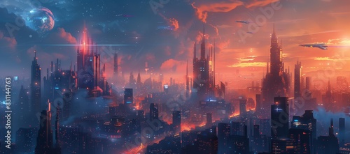 concept art of a sci-fi cityscape, with tall buildings and spaceships in the sky #831144763