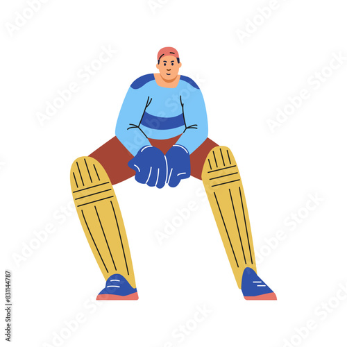 The wicketkeeper character in cricket is ready to catch the ball on a white background