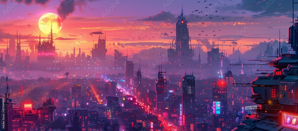 Obraz premium concept art of a sci-fi cityscape, with tall buildings featuring neon lights and futuristic structures