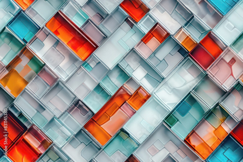 Seamless geometric glass pattern. Abstract close-up of overlapping glass rectangles in vibrant shades of red, blue, and orange