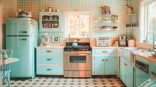 A retro kitchen setup with pastel-colored appliances, patterned wallpaper, and chrome accents, representing mid-century home decor